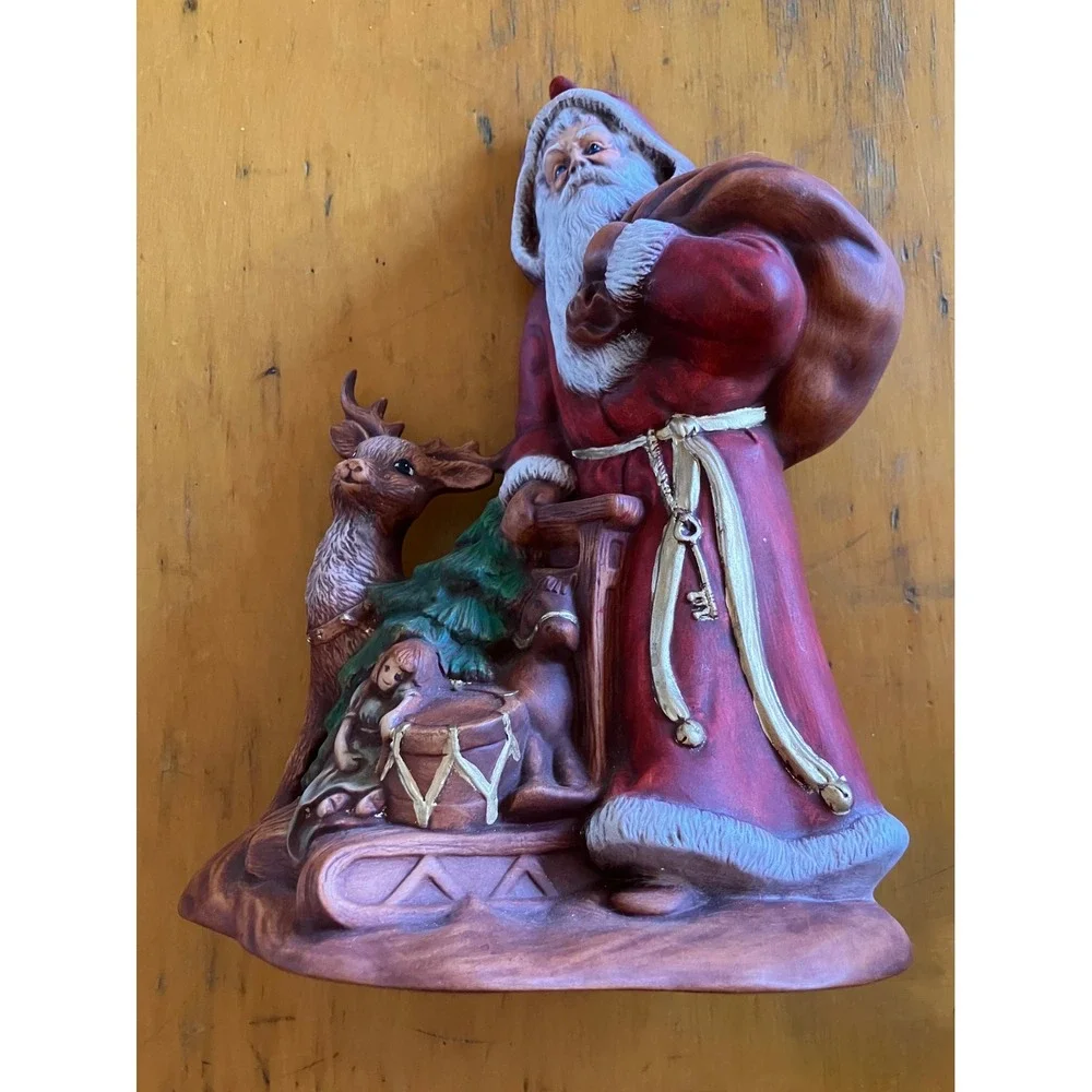 Vintage 1989 Ceramic Santa Figurine Reindeer Sled Red Large 9 Inch Holiday Decor